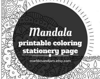 Mandala coloring stationery page, printable unlined stationery