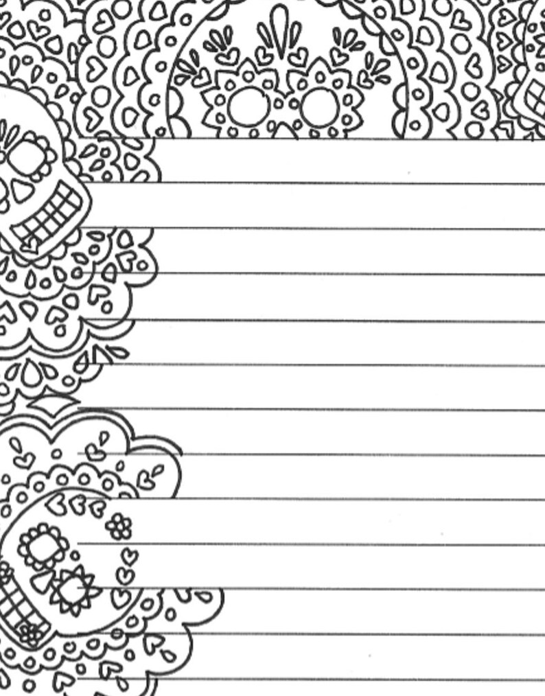 Day of the Dead Printable Lined Sugar Skull Stationery Page, Dia De Los ...
