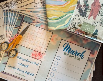Printable MARCH Planner and Journal Pages, undated March calendar, habit trackers, bucket list, weekly spreads, and more