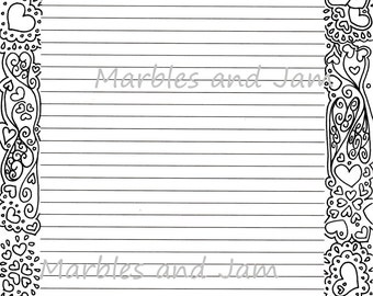 Hearts Lined Printable Stationery and Adult Coloring Page - Etsy
