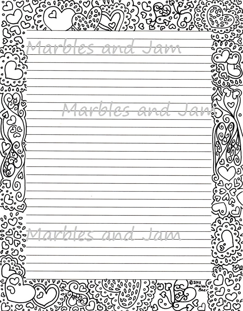 Harten Rand Lined Afdrukbare Briefpapier En Kleurplaat Etsy