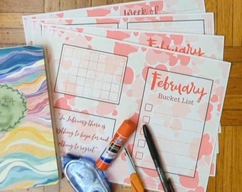 Printable FEBRUARY Planner and Journal Pages, undated February calendar, habit trackers, bucket list, weekly spreads, and more