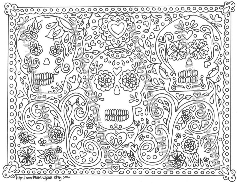 Day of the Dead Sugar Skulls Printable Adult Coloring Page - Etsy
