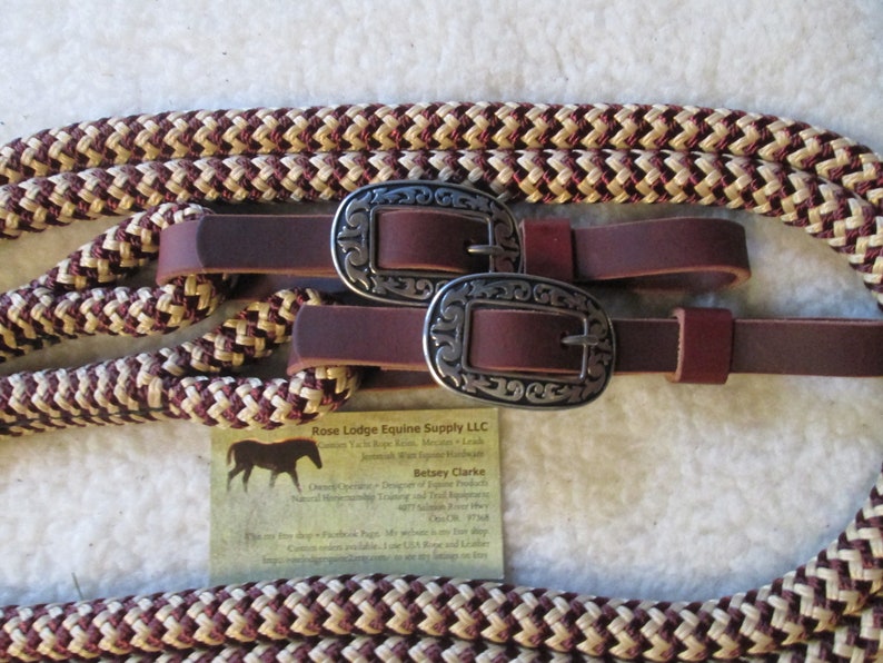 Choice of Rope Colour 8ft Loop Rope Reins w Brown Leather & SS Buckled Ends Choice of Rope Colour 8ft Loop Rope Reins w Brown Leather & SS Buckled Ends