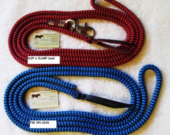 Tie On Lead or "Clip n Clamp" w Trigger Bull Snap, Horse Lead Rope / Lunge Line Premium Yacht Rope  Natural Horsemanship Training USA