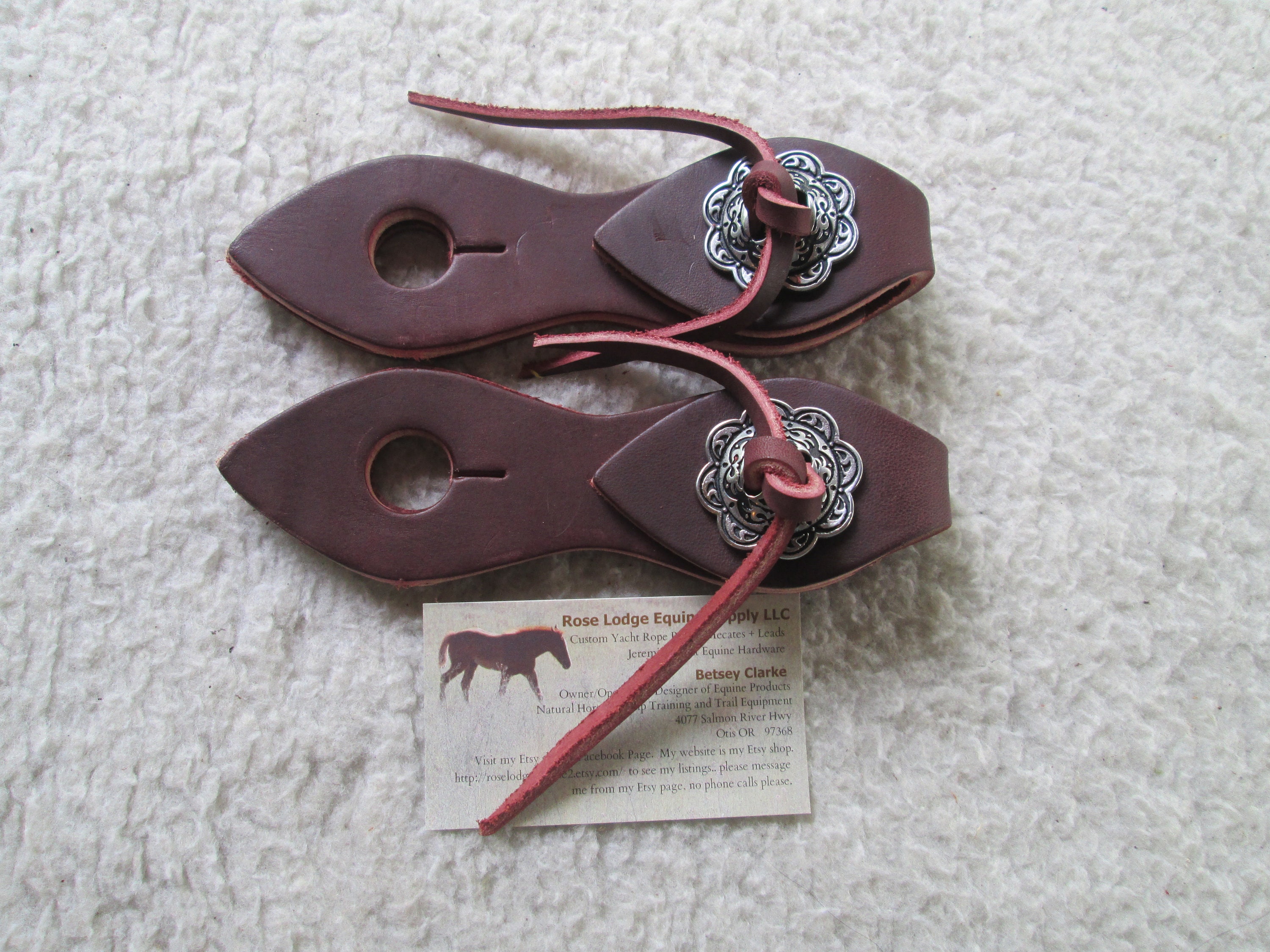 Teardrop Slobber Straps w Jeremiah Watt "Horse Shoe" Slotted Conchos for Horse Mecate Reins Brown or Black Latigo, or London Tan Leather