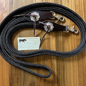 FLAT Braid Yacht Rope Loop Reins w Flared Leathers (small slobber straps) Brown, Tan, or Black Leather w Jeremiah Watt Conchos!