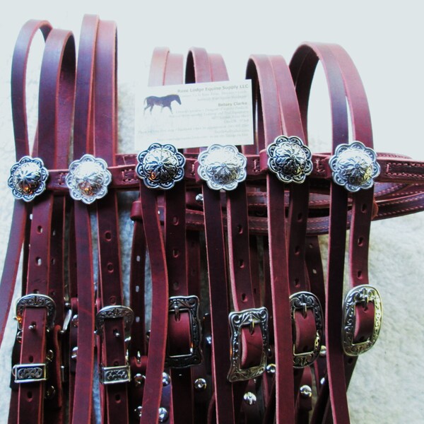 Headstall w Jeremiah Watt Bridle Conchos + Buckles (Choose Oval, Square or Heel) Stainless w Black Background or Silver Finish