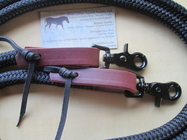 Yacht Rope Reins w BLACK Snaps Black DB Polyester Yacht Braid. something a little different! Brown Leather Water Straps n Black Laces