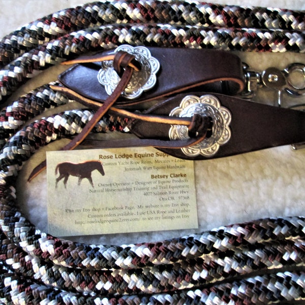 Loop or Split Yacht Reins w J Watt Conchos,  Flared Water Loops (small Slobber Straps ) + Clips! Premium Yacht Braid Rope Rose Lodge Equine