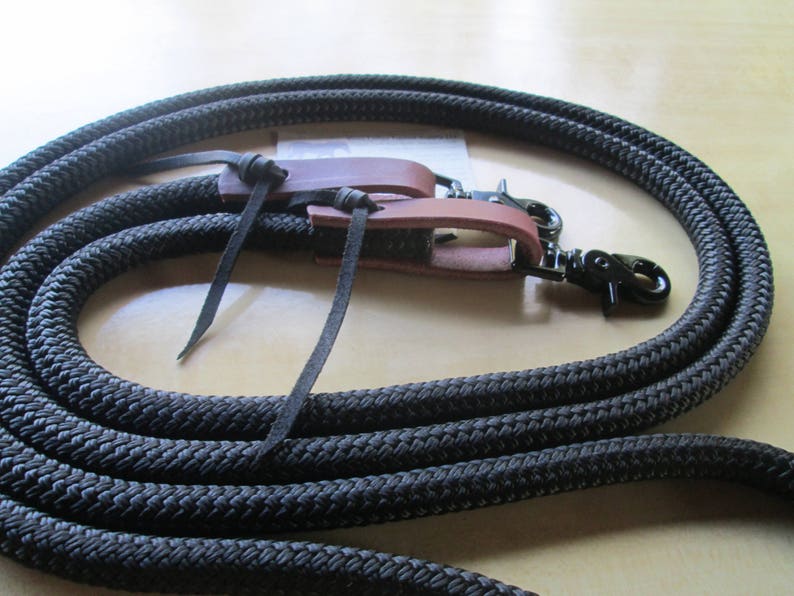 Yacht Rope Reins w BLACK Snaps Black DB Polyester Yacht Braid. something a little different! Brown Leather Water Straps n Black Laces