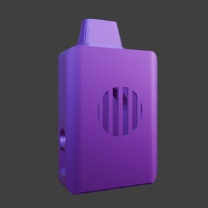 May include: A solid purple rectangular device with a rounded top and a circular vent with vertical bars. The device has a small, rectangular top section and two circular holes on the side. The background is a solid gray.