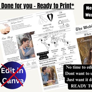 以下が含まれることがあります： 「The Wedding Times」の見出しが付いた新聞スタイルのウェディングプログラム。デザインには、カップルの写真、結婚式の詳細、および「Done for you - Ready to Print」のテキストが含まれています。プログラムはすぐに印刷できるデザインです。