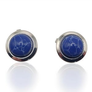 Gemelos con botón de piedra azul, cubrepuños de camisa plateados con cierre a presión, joyería formal para hombre, regalo único, accesorio de estilo vintage