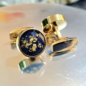 Boutons de manchette en or bleu étoilé - Pierre noire : cadeau de père, cadeau de garçon d&#39;honneur