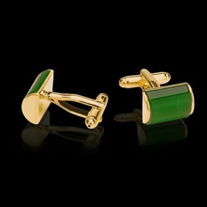 Green Stone Gold Cufflinks, Retro Rectangle Men’s Wedding Jewelry, Groom Gift, Groomsmen Cuff Links, Best Man Formal Accessories