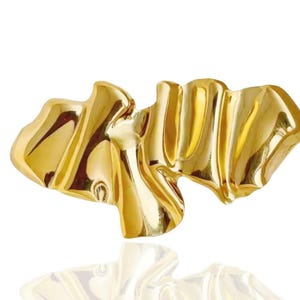 May include: A gold brooch with an abstract, flowing design. The brooch has a polished, reflective surface, and its shape resembles a stylized, rippling form. The design is symmetrical and appears to be made of metal.