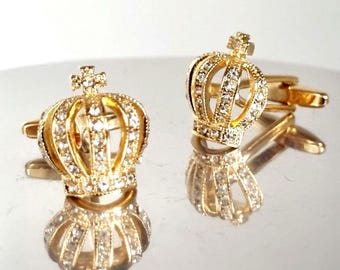 Paire De Boutons De Manchette Dorés émaillés à Motif Couronne ER – Très Bon état, Vintage Chic