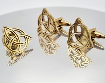 Gold Celtic Knot Cufflinks & Brooch Set: Irish Wedding Jewelry