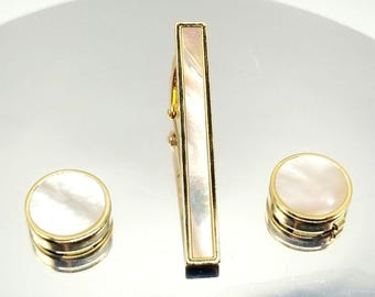 Gold Mother of Pearl Cufflinks Tie Clip Set: Snap-On Button Covers