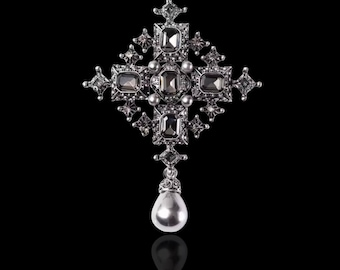 Silver Crystal Cross Brooch: Baroque Pearl Drop Gothic Pin
