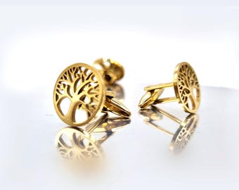 Gold Tree of Life Cufflinks: 316L Stainless Steel, Mens Jewelry