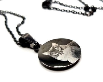 Laser Engraved Pet Photo Necklace - Black Stainless Steel Memorial Pendant