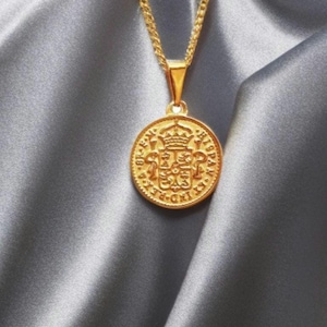 Gold Spanish Coin Necklace: 8 Reales Stainless Steel Medallion Pendant