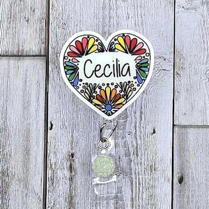 Personalized Heart Badge Reel: Talavera Pattern, Gem Accent