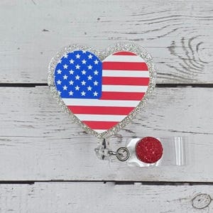 Heart shaped American Flag USA badge reel 4th of July