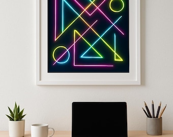 Modern Neon Abstract Digital Print, Geometric Shapes Art, Vibrant Color Wall Decor, Retro Style Printable Download.