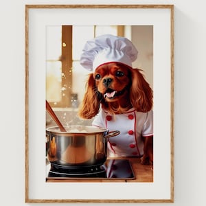 Puede incluir: Un perro Cavalier King Charles Spaniel con un gorro de chef blanco y un uniforme de chef rojo y blanco está revolviendo una olla en una estufa. El perro sonríe y parece feliz de cocinar.