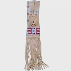 May include: A tan leather pouch with intricate beadwork in red, white, and blue geometric patterns. The pouch features a fringe at the bottom and two blue star designs. The overall design is reminiscent of Native American craftsmanship.