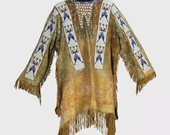 Men Old Style Tan Buckskin Suede Hide Rendezvous Powwow Regalia War Shirt