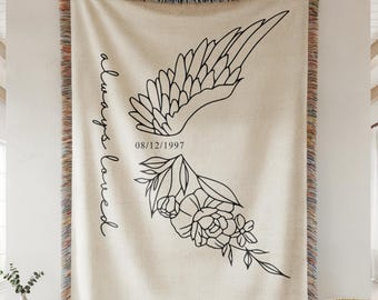 Memorial Woven Blanket with Angel Wings, Custom Date Remembrance Throw, Grief Gift, Sympathy Blanket, Loss of Loved One, Always Loved