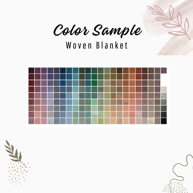 K&ouml;nnte beinhalten: Eine Farbmusterkarte f&uuml;r eine gewebte Decke mit einem Raster verschiedener Farben. Der Text "Color Sample Woven Blanket" wird in einer stilvollen Schriftart angezeigt. Die Farbfelder reichen von Lila und Blau &uuml;ber Gr&uuml;n, Orange bis Braun.