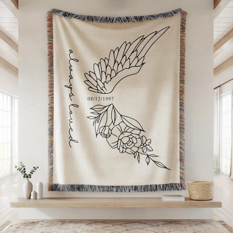 Custom sympathy woven throw reading “always loved” in cozy bedroom