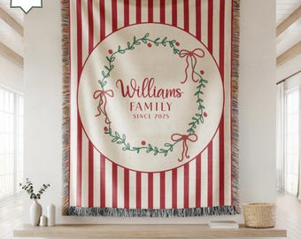 Personalized Christmas Family Blanket, Custom Name Woven Throw, Cozy Holiday Gift for Mom Dad Kids, Winter Home Decor for Grandparents