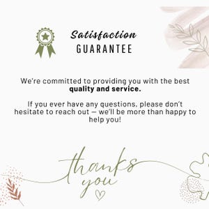 K&ouml;nnte beinhalten: Heller Hintergrund mit Text, der "Satisfaction GARANTIE" lautet. Der Text lautet auch "Wir sind bestrebt, Ihnen die beste Qualit&auml;t und den besten Service zu bieten." und "Danke" mit einem Herzsymbol.