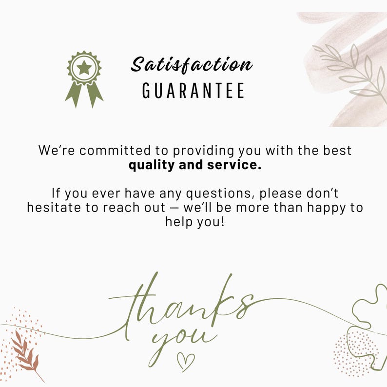K&ouml;nnte beinhalten: Heller Hintergrund mit Text, der "Satisfaction GARANTIE" lautet. Der Text lautet auch "Wir sind bestrebt, Ihnen die beste Qualit&auml;t und den besten Service zu bieten." und "Danke" mit einem Herzsymbol.