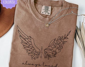 Personalized Memorial Shirt, Custom In Loving Memory Shirt with Angel Wings & Flowers Always Loved Remembrance Gift Memorial Date Sweatshirt