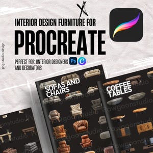 May include: Image promoting interior design furniture for Procreate. The image features a black background with furniture illustrations, including sofas, chairs, and coffee tables. Text includes "Interior Design Furniture for Procreate" and "Perfect for: Interior Designers and Decorators."