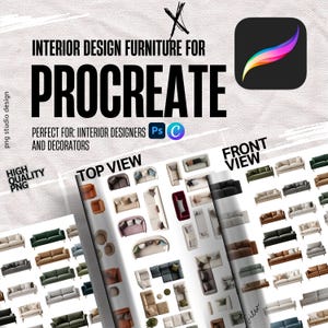 Könnte beinhalten: Digitales Innenarchitektur-Mobiliar für Procreate, mit Sofa-PNGs in Draufsicht und Frontansicht. Das Bild enthält den Text "Interior Design Furniture for Procreate" und "High Quality PNG."