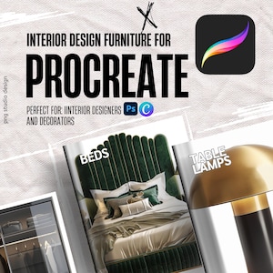 Könnte beinhalten: Werbung für Innenarchitekturmöbel für Procreate. Das Bild zeigt ein Bett mit grünem Kopfteil, eine Tischlampe und das Procreate App-Symbol. Der Text enthält "Interior Design Furniture for Procreate" sowie "Beds" und "Table Lamps".