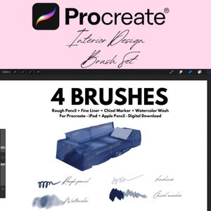 Op de afbeelding: Digitale afbeelding die een Procreate Interior Design Brush Set promoot. De afbeelding toont het Procreate-logo, de tekst "4 BRUSHES" en voorbeelden van penselen. De penselen omvatten Rough Pencil, Fine Liner, Chisel Marker en Watercolor Wash. Er is ook een blauwe sofa-illustratie.