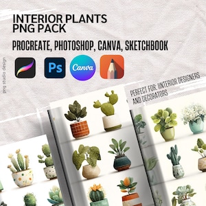 Op de afbeelding: Een digitaal kunstpakket met aquarel illustraties van diverse kamerplanten, waaronder cactussen en bladplanten in decoratieve potten. De afbeelding bevat de tekst "INTERIOR PLANTS PNG PACK" en software logo's.