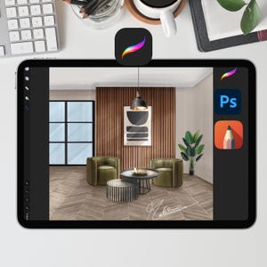 Procreate-Möbel-Cliparts | Luxuriöses Interieur-Design (PNG) | Moderne Beleuchtung (digitale Malerei) | Wohndekorationselemente | +115 PNG-Dateien (300 dpi)