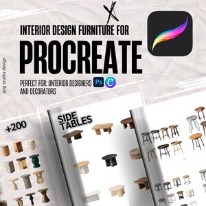 Puede incluir: Imagen que presenta diseños de mesas auxiliares para Procreate, con el texto "INTERIOR DESIGN FURNITURE FOR PROCREATE". La imagen incluye un icono de la aplicación Procreate y el texto "+200 SIDE TABLES". Diseñado para diseñadores de interiores.