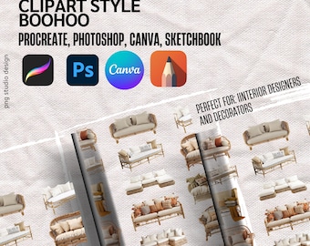 Procreate furniture for interior design | boohoo style | front view sofas | top view PNGs | Sketch Blocks | Transparent Elements