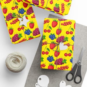Mixed Berry Wrapping Paper | Yellow Background Summer Gift Wrap | Fun & Bright Fruit Gift Paper for Birthdays and More